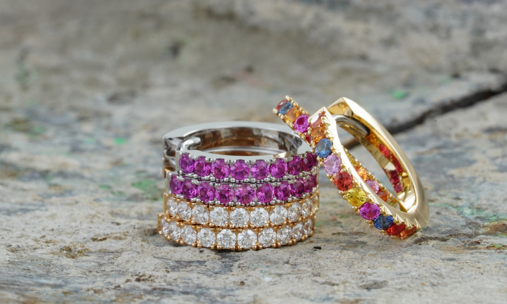 Creolen mit Brillanten, pink Saphir, Multicolor Saphiren